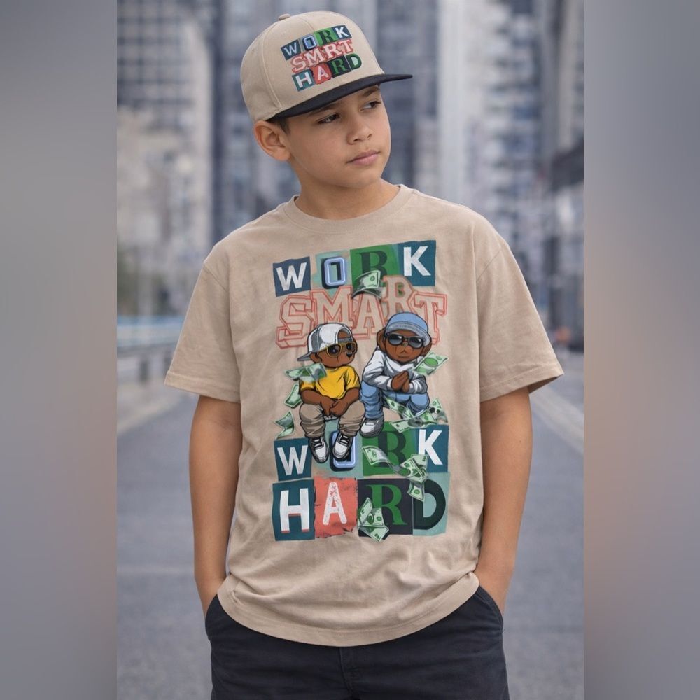 Kids Beige Graphic Tee with Motivational Design & Hat Sz L 10-12 NWT